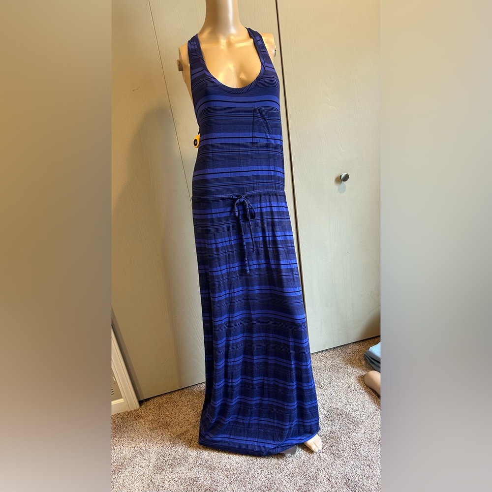 Long blue striped blue dress.  Casual-smart  casual  date night  sleeveless